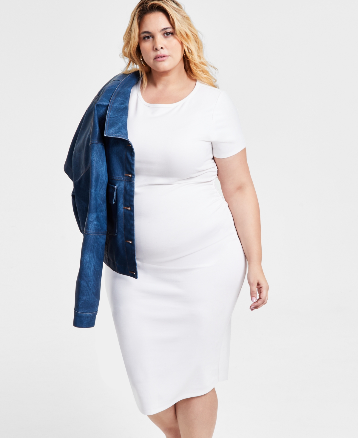 Bar Iii Trendy Plus Size Ponte Ruched Short-sleeve Midi Dress, Exclusively At Macy's In Crema