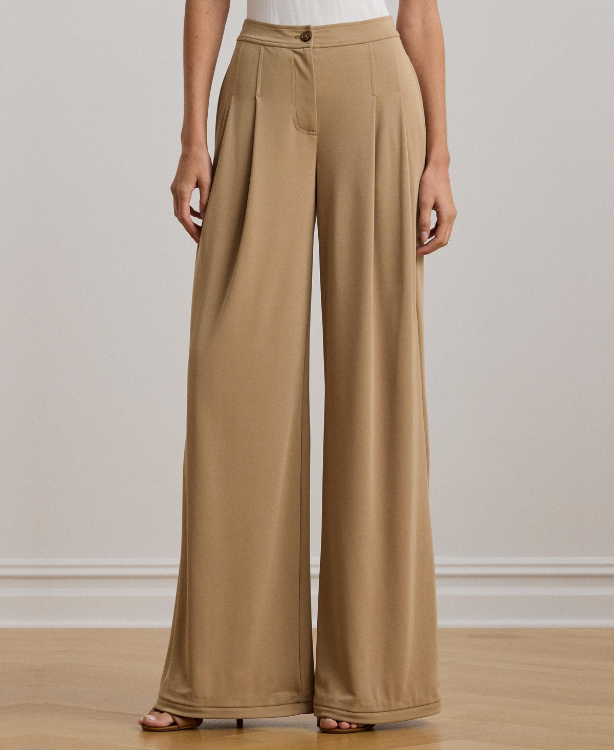 Shop Ralph Lauren Women's Pleated Stretch Jersey Wide-leg Pants, Regular & Petite In Classic Camel