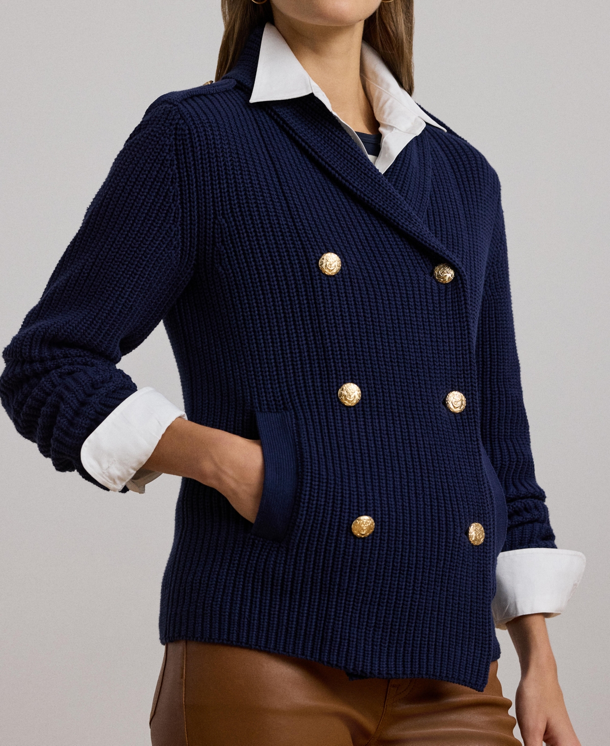 Lauren Ralph Lauren Women's Rib-Knit Double-Breasted Sweater Jacket