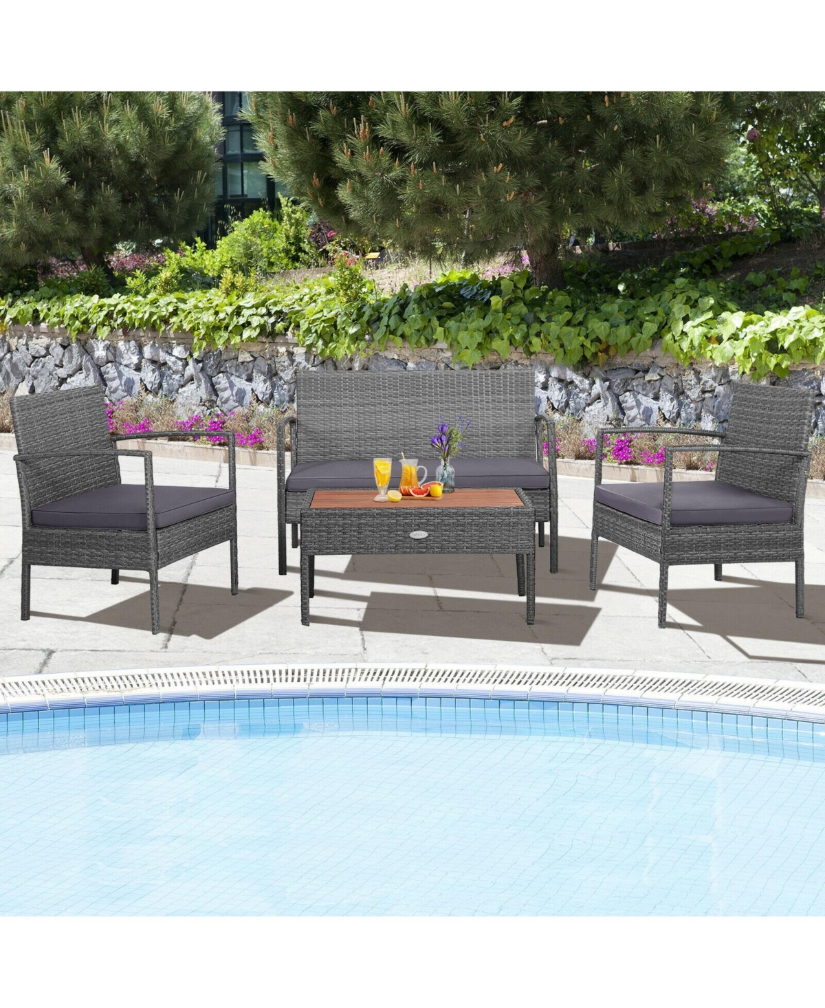 Sugift 4 Pieces Rattan Patio Conversation Furniture Set with Acacia Wood Tabletop