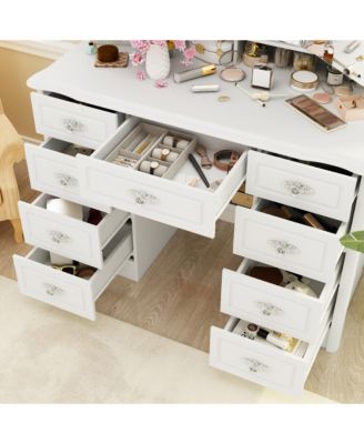 White Makeup Vanity Table Dressing Desk 3-Mirrors,LED Lighted, 9-Drawers, Hidden Storage Shelves, Carved Metal Handles