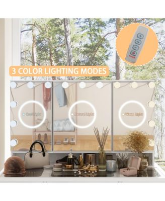 White Makeup Vanity Desk 9 Drawers Wood Dressing Table With 3 LED Bulb Light Mirrors, Glass Top, Hidden Storage Shelves