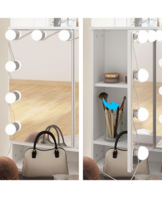 White Makeup Vanity Desk 9 Drawers Wood Dressing Table With 3 LED Bulb Light Mirrors, Glass Top, Hidden Storage Shelves