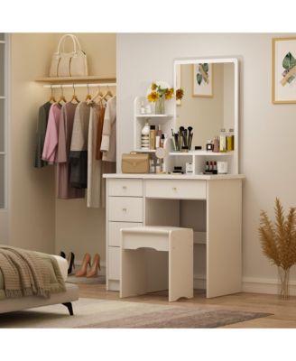 5-Drawers White Makeup Vanity Table Wooden Dressing Desk With Mirror and 3-Tier Storage Shelves
