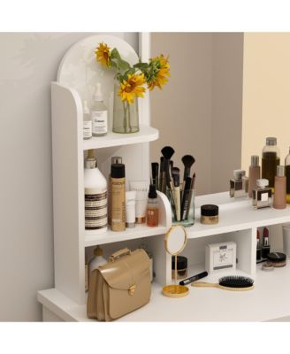 5-Drawers White Makeup Vanity Table Wooden Dressing Desk With Mirror and 3-Tier Storage Shelves