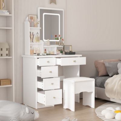 5-Drawer Vanity Set with LED Mirror, Cushioned Stool, and 3-Tier Storage Shelves – Pink MDF Dressing Table