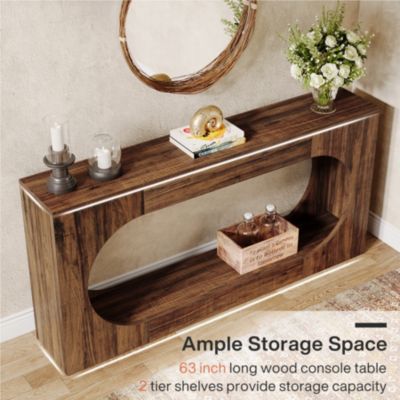 Console Table, 63-Inch Narrow Sofa Entryway Table with 2-Tier Storage Shelf, Wood Hallway Behind Couch Table for Living Room, Rustic Brown