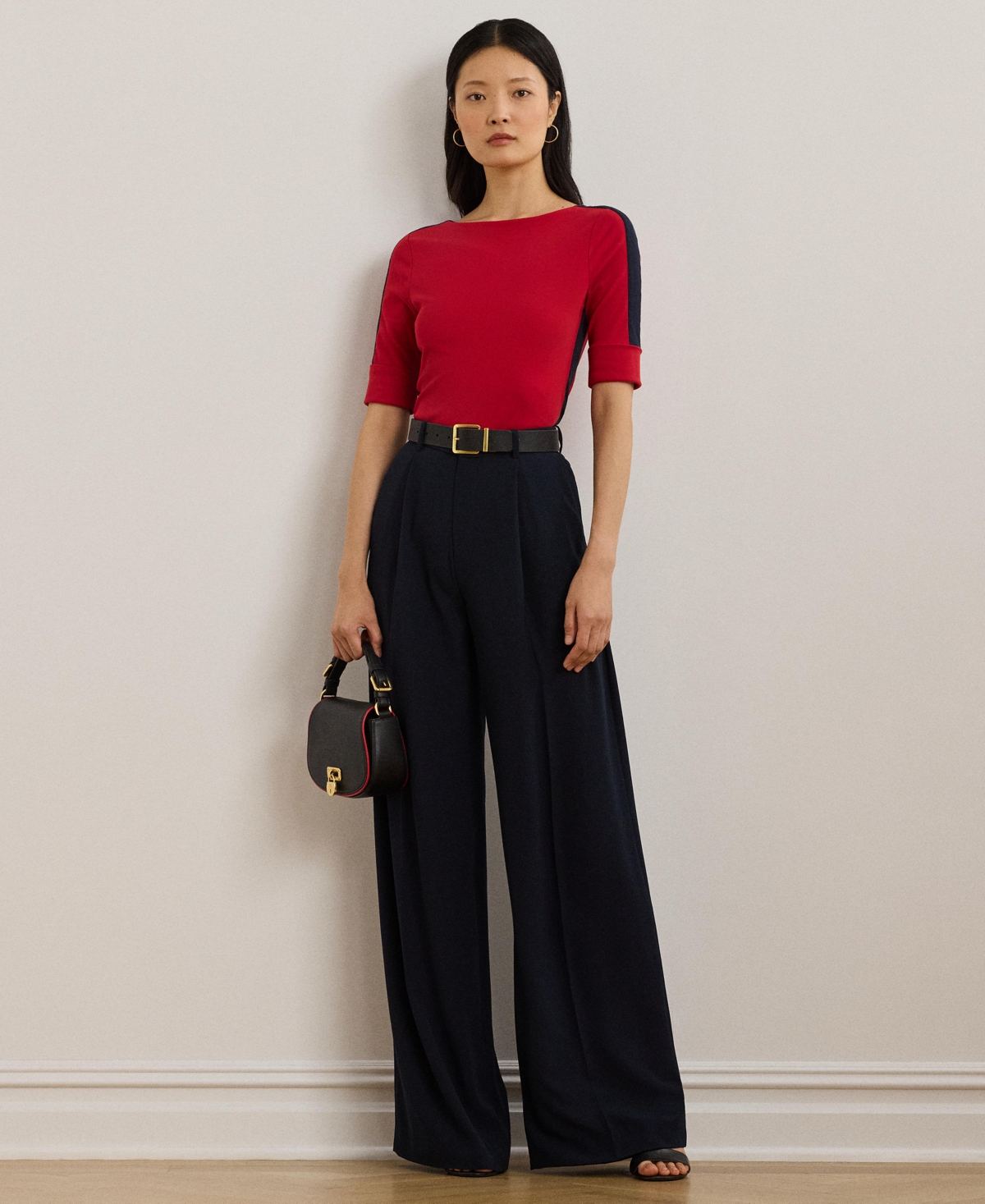 Lauren Ralph Lauren Women's Two-Tone Stretch Cotton Elbow-Sleeve Tee, Regular & Petite - Festive Red  Lauren Navy