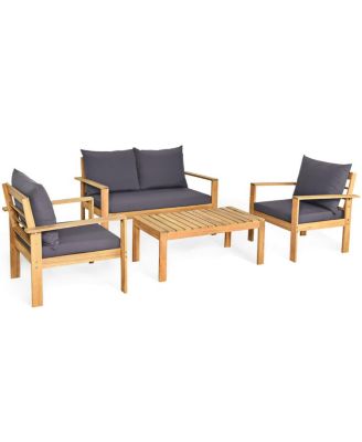 Outdoor 4 Pieces Acacia Wood Conversation Sets with Water Resistant Cushions