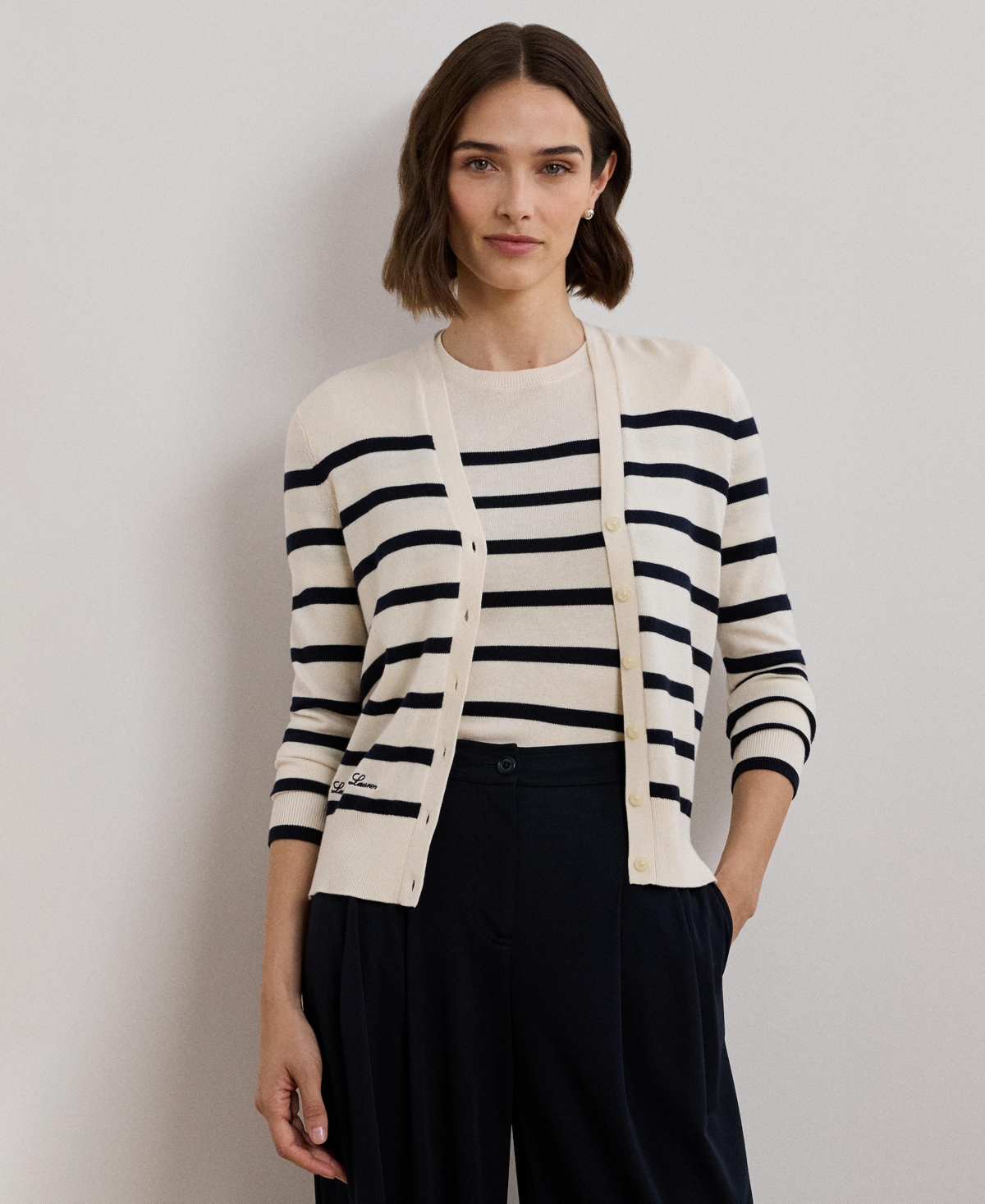 Lauren Ralph Lauren Women's Striped Cotton-Blend Cardigan, Regular & Petite - Mascarpone Cream  Lauren Navy