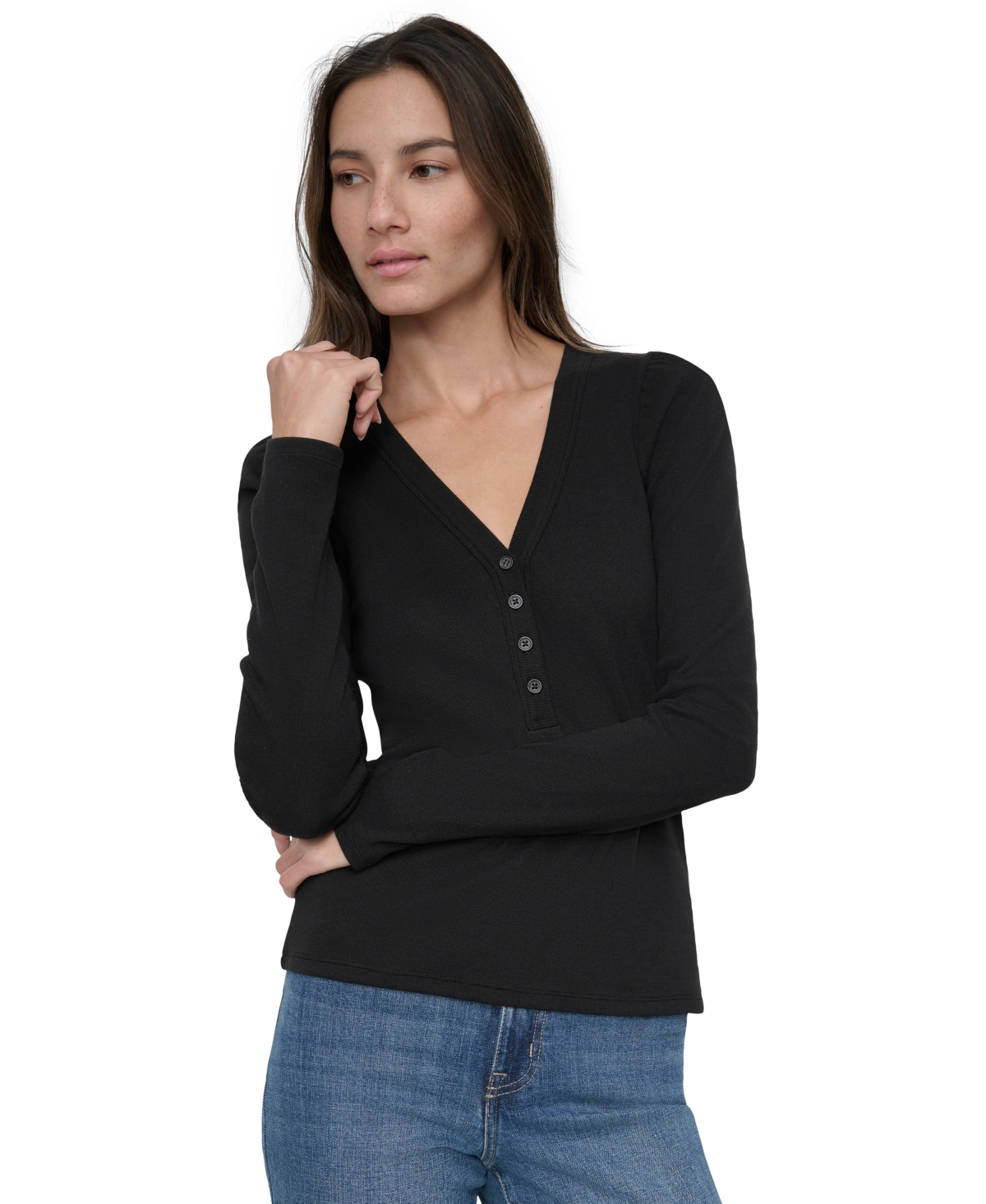 DKNY JEANS PETITE PUFFED-SHOULDER KNIT TOP