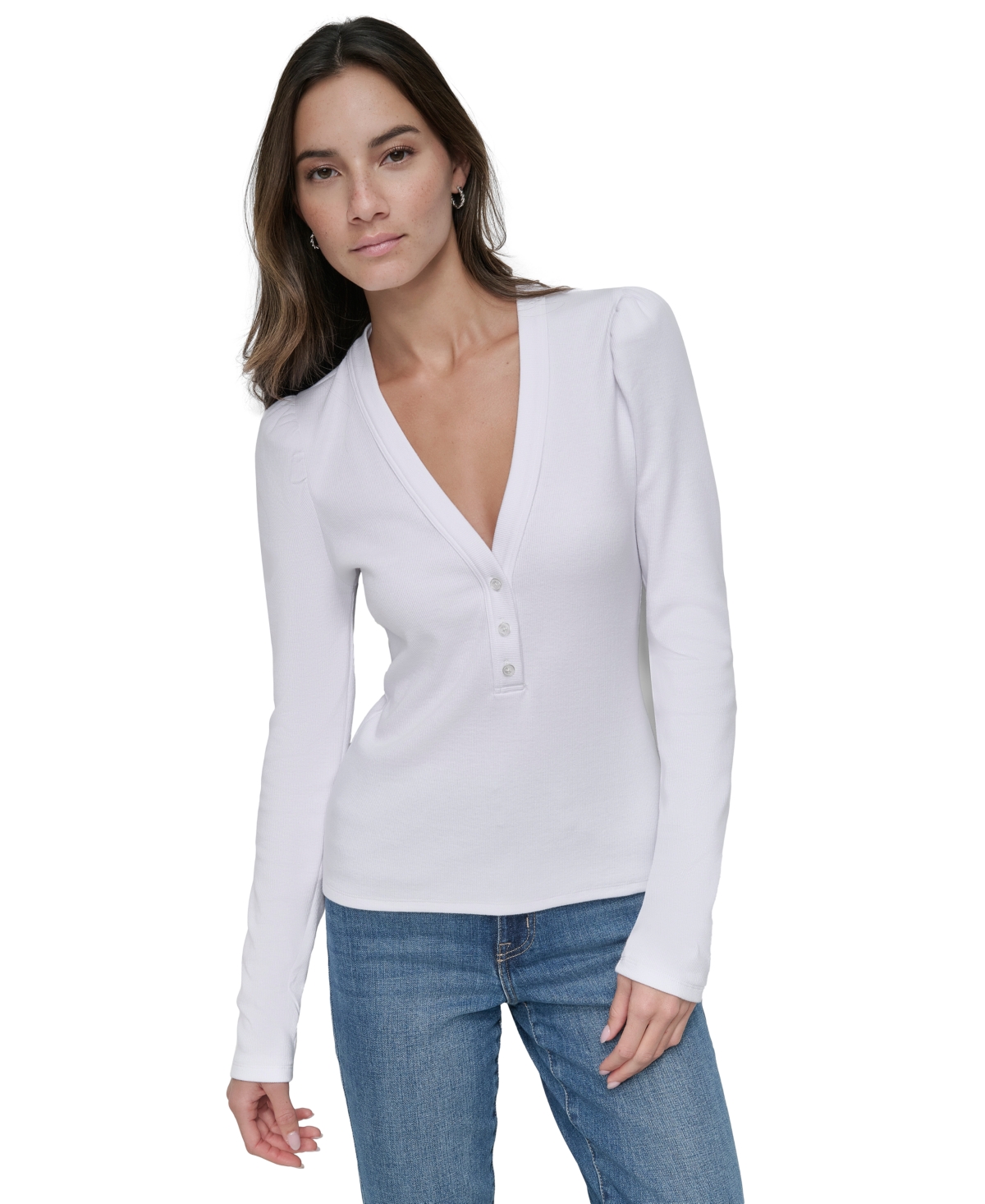 Dkny Jeans Petite Puffed-shoulder Knit Top In Ivory