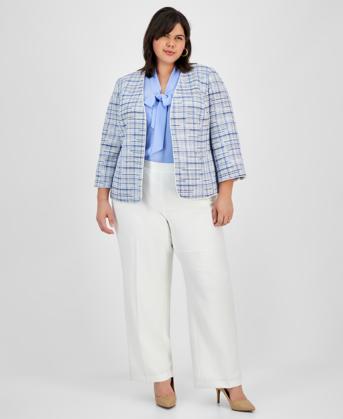 Kasper Plus Size Tweed Piping-trim Open-front Blazer In California Sky Multi