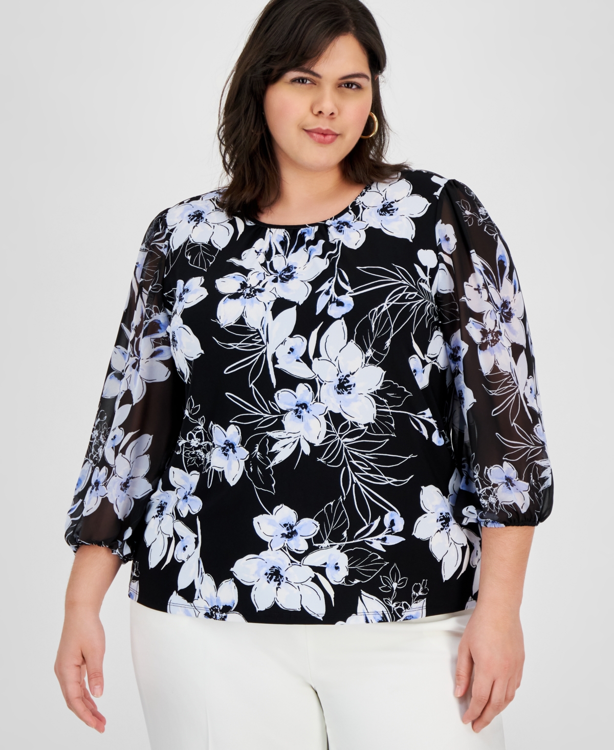 KASPER PLUS SIZE FLORAL BLOUSON-SLEEVE BLOUSE 