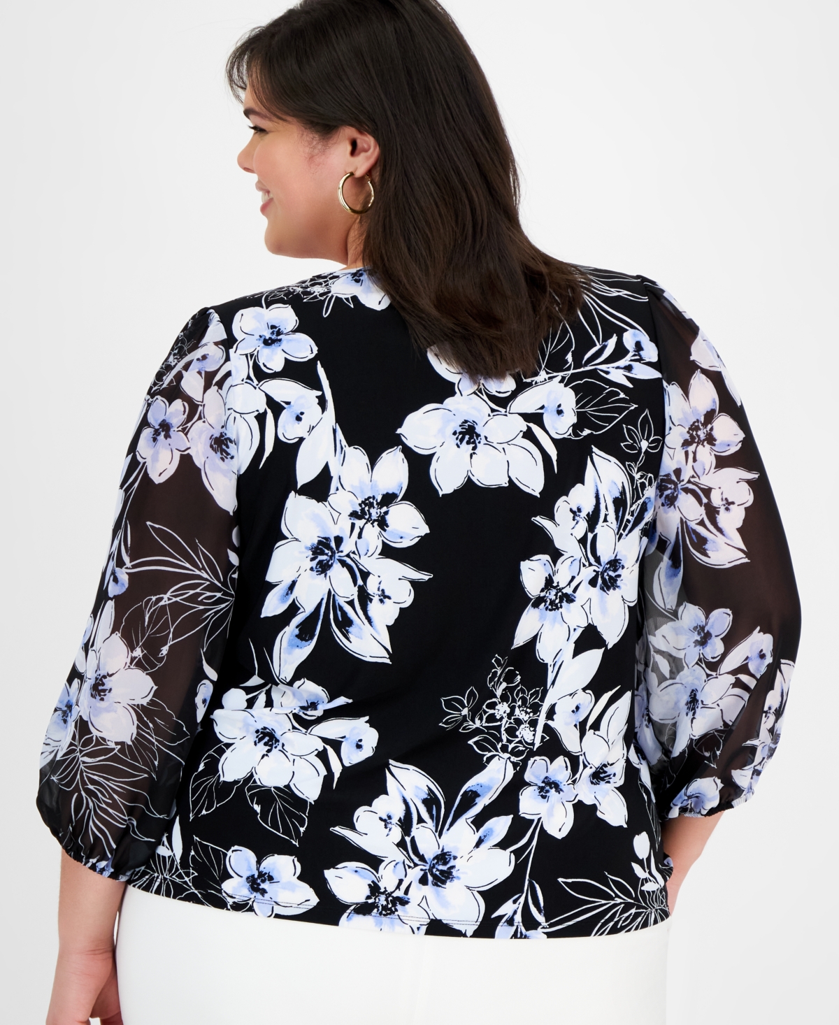 KASPER PLUS SIZE FLORAL BLOUSON-SLEEVE BLOUSE 