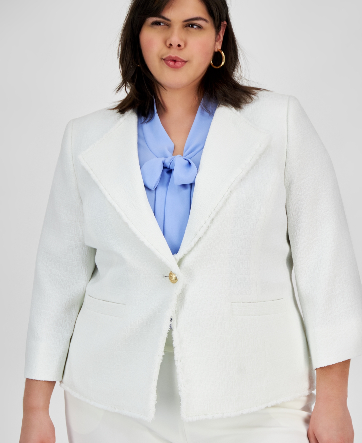 Kasper Plus Size Tweed One-button Trimmed Blazer In Vanilla Ice