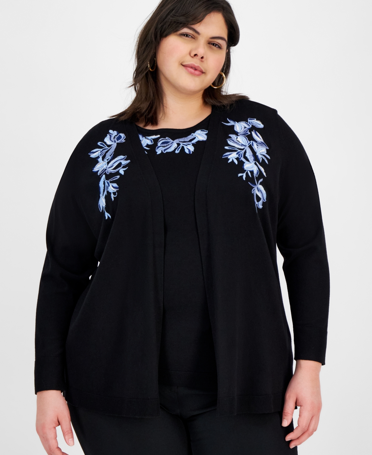 Kasper Plus Size Embroidered Open-front Cardigan In Black