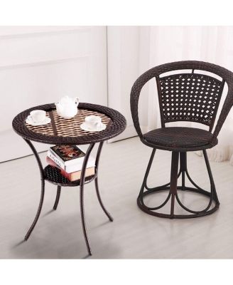 Round Rattan Wicker Coffee Table with Lower Shelf