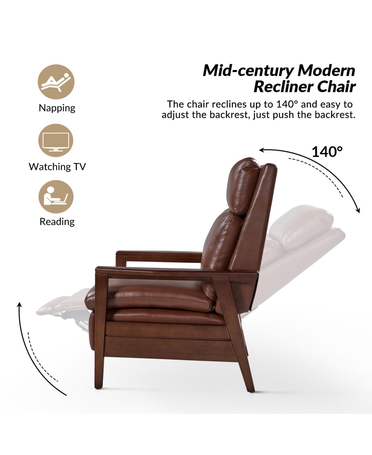 Hulala Home Peter Mid-Century Modern Leather Solid Wood Recliner with Rubber Wood