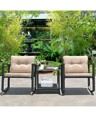 3 Pieces Cushioned Patio Rattan Set with Rocking Chair and Table