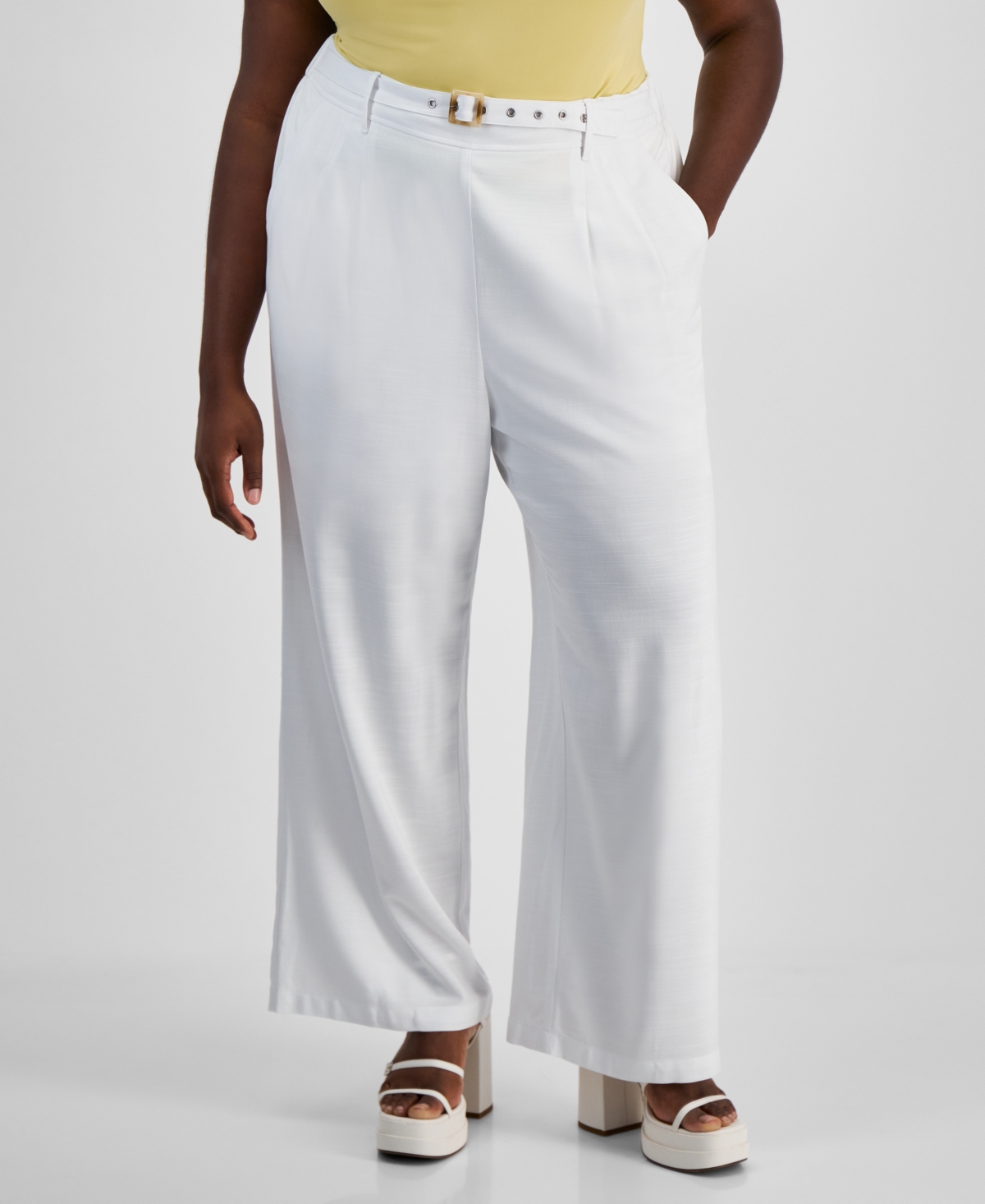 BAR III TRENDY PLUS SIZE GROMMET-BELT WIDE-LEG PANTS, CREATED FOR MACY'S 