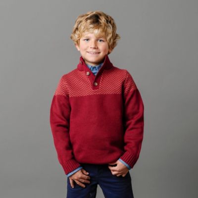 Boys Organic Long Sleeve Mock Neck Button Sweater with Intarsia Yoke