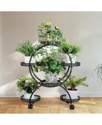 Metal 6 Pot Plant Stand Decorative Flower Pot Holder with Wheels For Indoor Outdoor