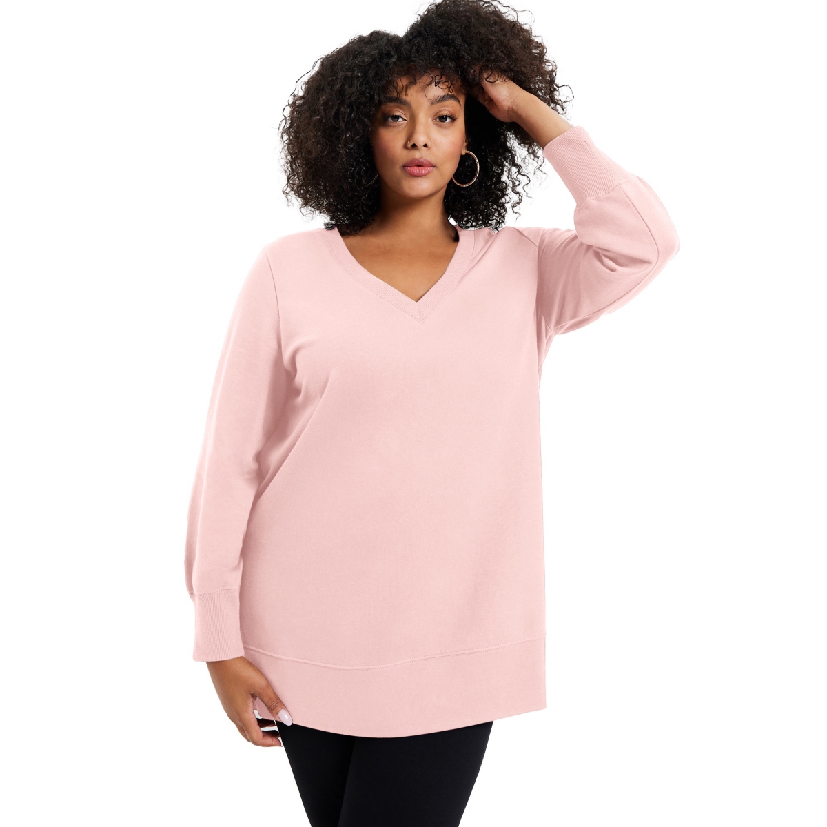 Plus Size June + Vie V-Neck French Terry Sweatshirt - Soft blush tie dye bouquet