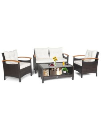 4 Pieces Patio Rattan Furniture Set with Cushioned Sofa and Storage Table