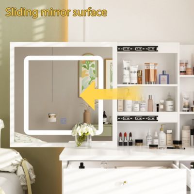 5-Drawers White Makeup Vanity Sets Dressing Table Sets with LED Dimmable Mirror, Stool and 3-Tier Storage Shelves