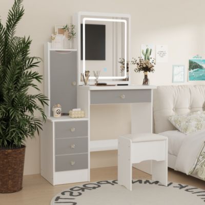 4-Drawer Vanity Set – Wood Makeup Table with LED Sliding Mirror, Stool, Cabinet & Shelves
