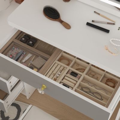 4-Drawer Vanity Set – Wood Makeup Table with LED Sliding Mirror, Stool, Cabinet & Shelves