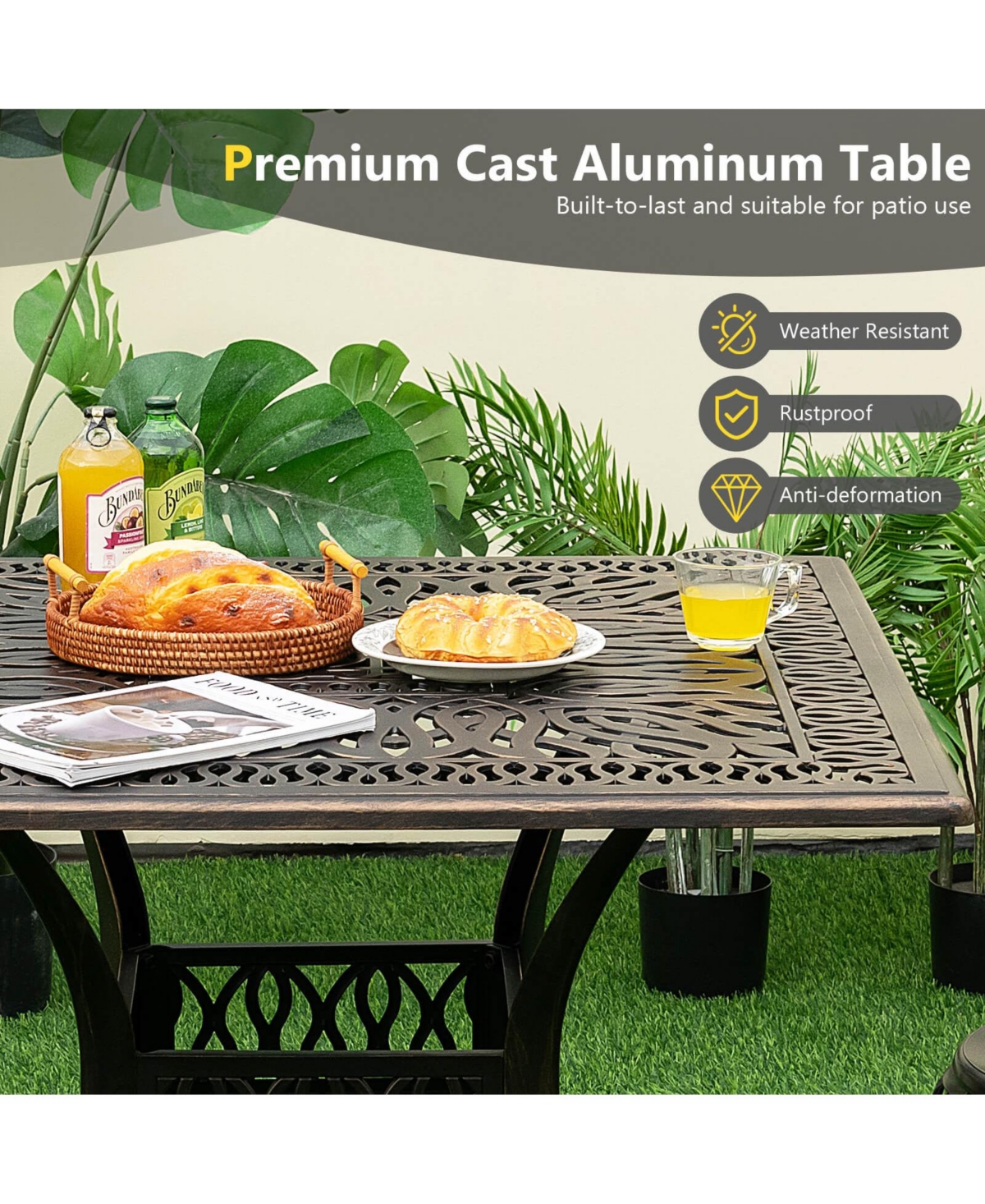 Sugift Aluminum Patio Square Dining Table with Umbrella Hole