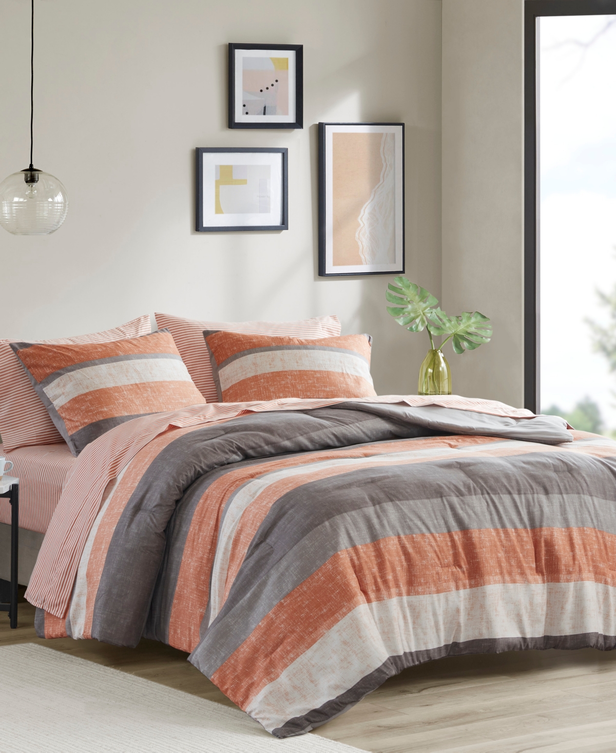 Madison Park Essentials Jaxon Wide Stripe 5-pc. Comforter Set, Twin In Coral,grey