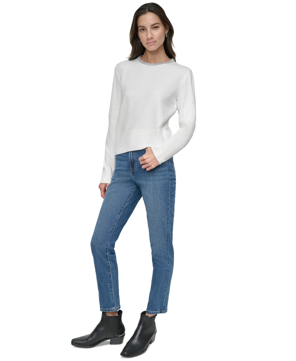 Shop Dkny Jeans Petite Embellished Trim Sweater Top In Ivory