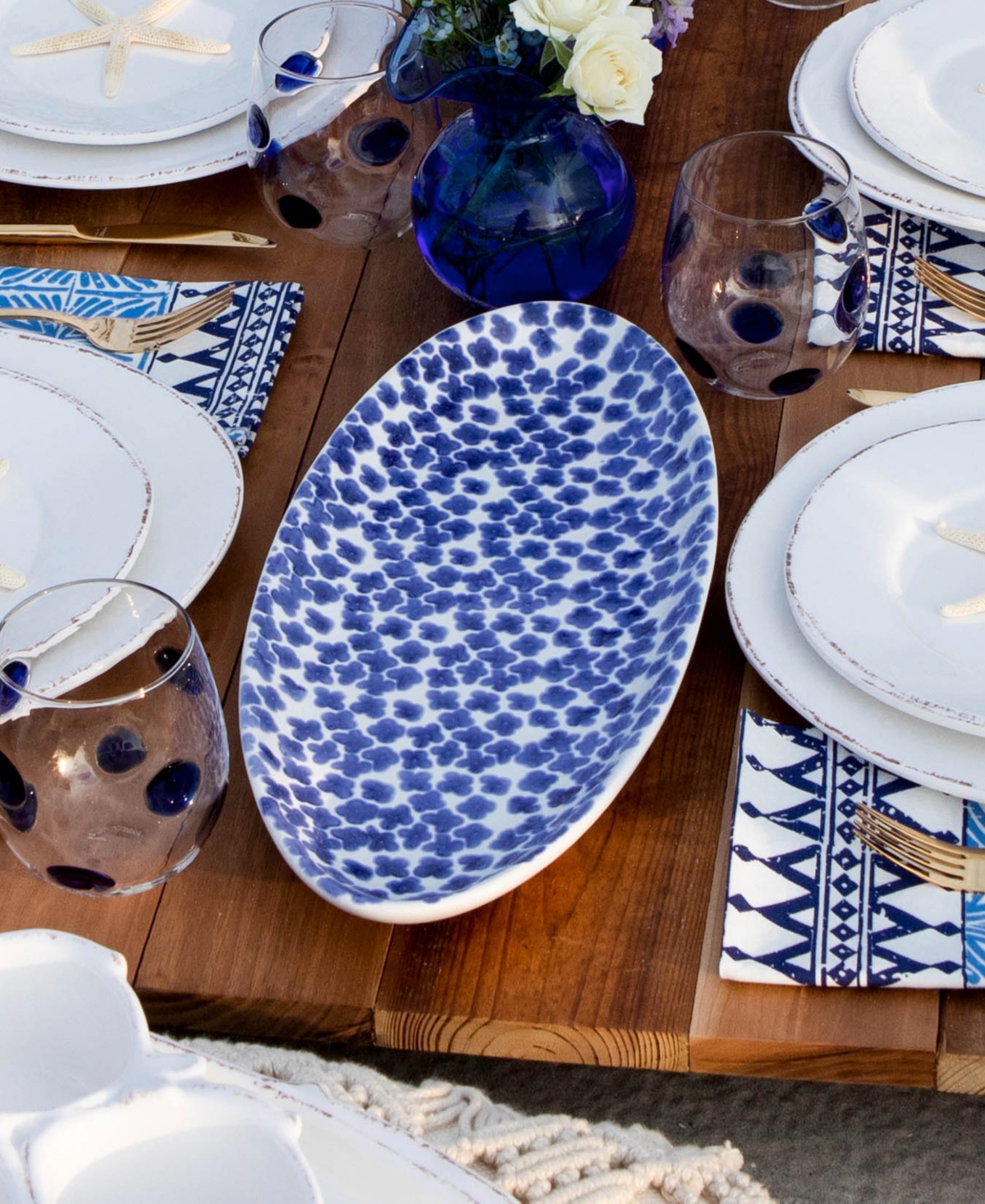 Vietri Santorini Flower Narrow Oval Platter -white