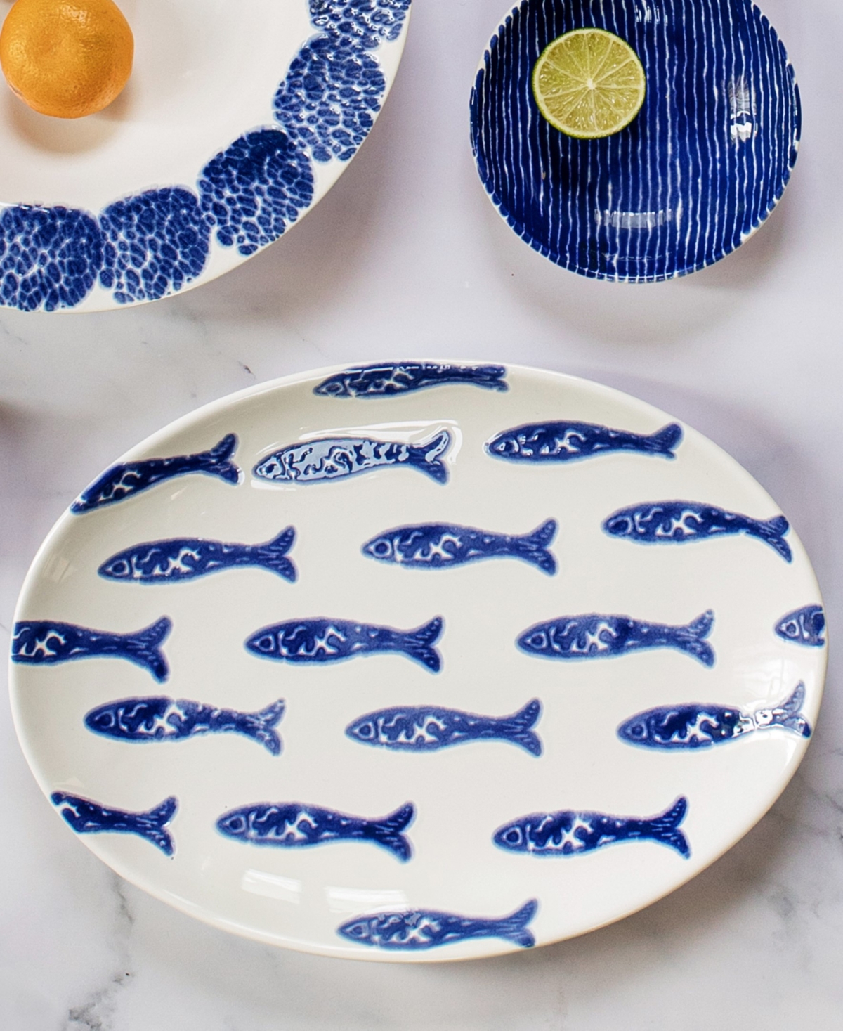 Vietri Santorini Fish Small Oval Platter In Blue