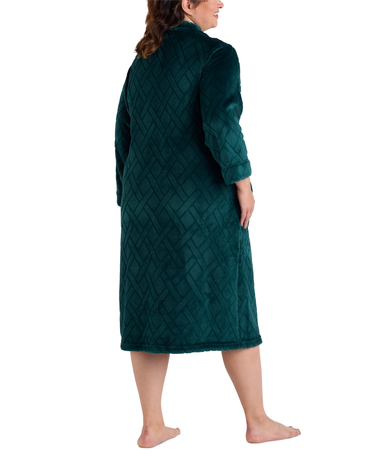 Miss Elaine Plus Size Textured Fleece Zip-front Robe In Deep Emerald