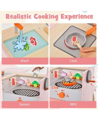 Double-Sided Kids Play Kitchen Set with Canopy and 2 Seats