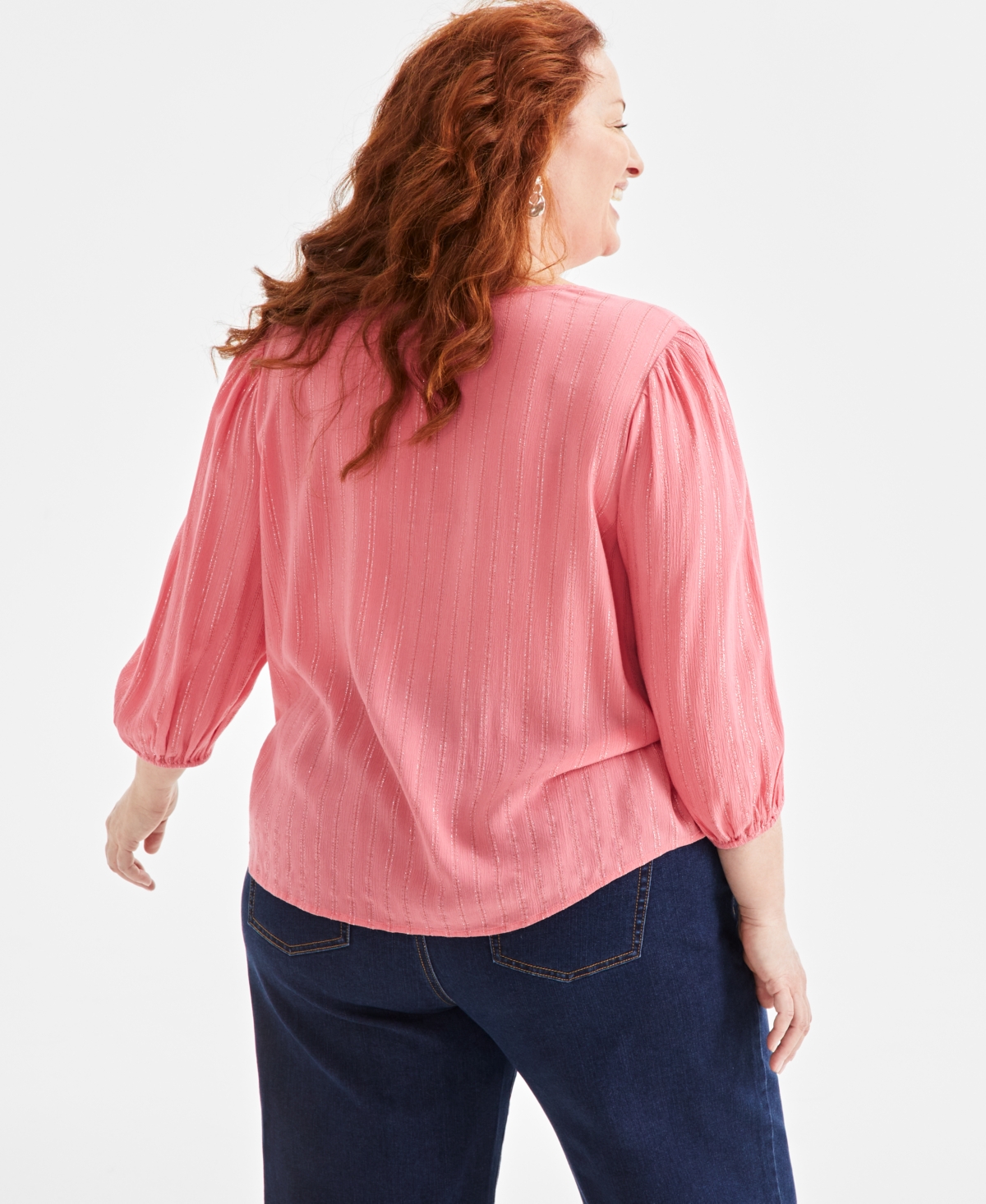 Style & Co Plus Size Pintuck-front 3/4-sleeve Blouse, Exclusively At Macy's In Coral Pink