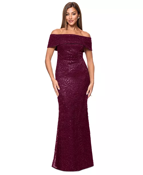 women's sequined lace off-the-shoulder gown