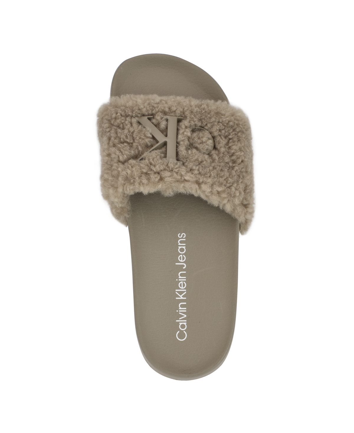 Calvin Klein Women's Amaya Fuzzy Slide Sandals In Light Grey Shearling Logo