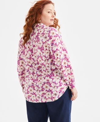 Plus Size Johnny-Collar Long-Sleeve Top, Exclusively at Macy's