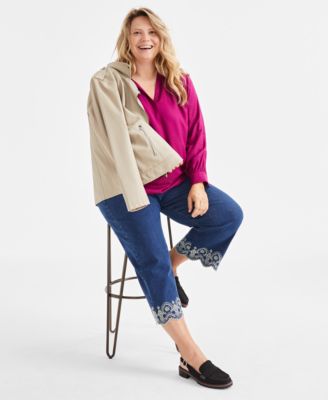 Plus Size Johnny-Collar Long-Sleeve Top, Exclusively at Macy's