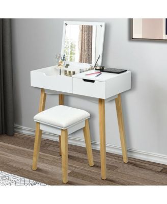 Wooden Vanity Table with Flip Top Mirror and Cushioned Stool