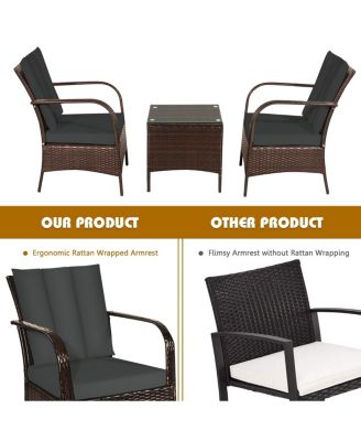 3 Pieces Patio Rattan Conversation Set with Glass Top Coffee Table and Cushions