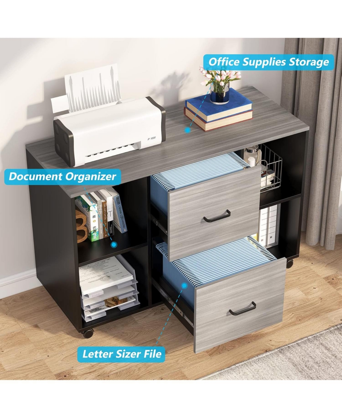 Tribesigns L-Shaped Computer Desk with Power Outlet and Drawer Cabinet, inch Large Executive Office Desk Business Furniture with inch Lateral Fi