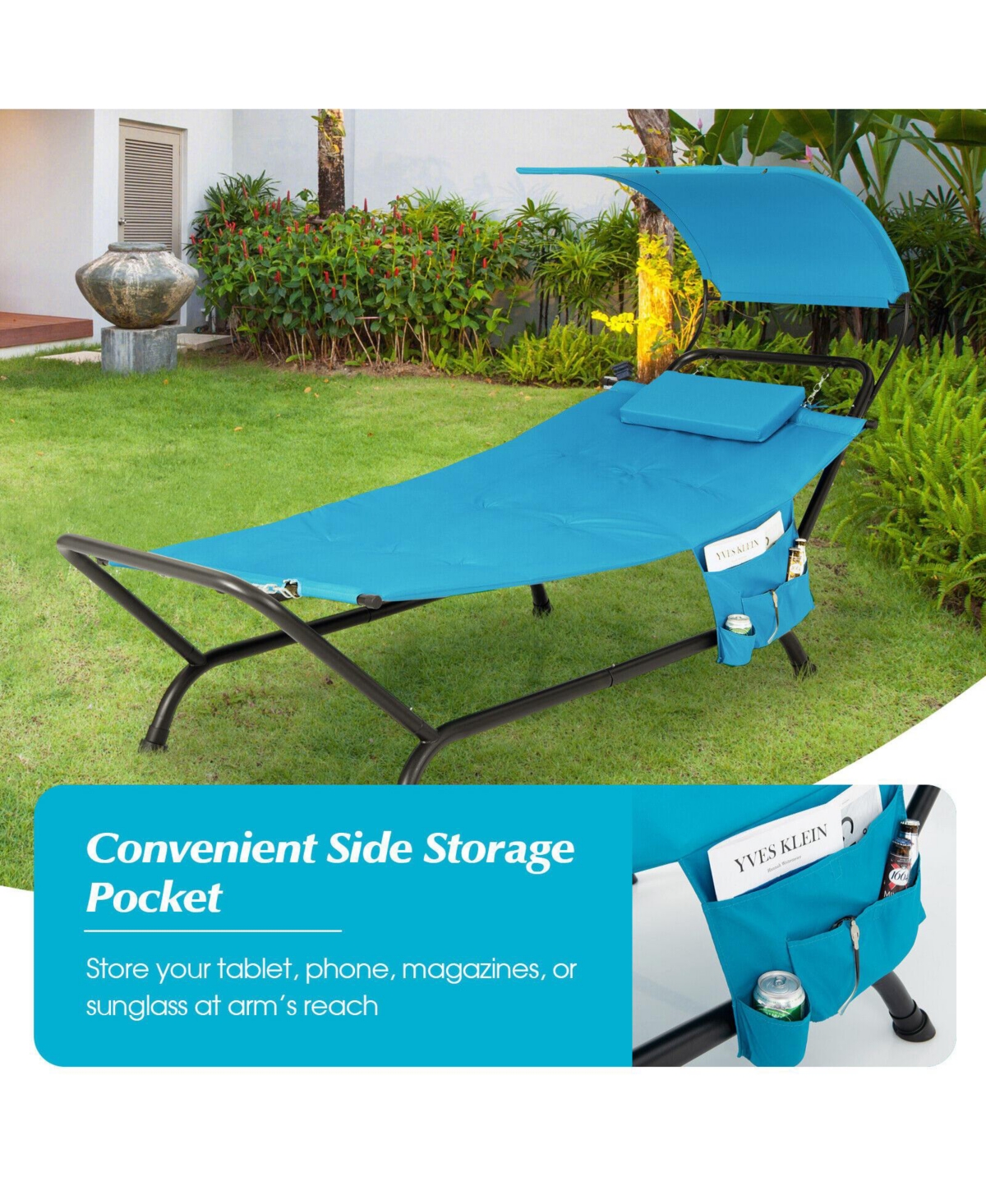 Inolait Sugift Patio Hanging Chaise Lounge Chair with Canopy Cushion Pillow and Storage Bag