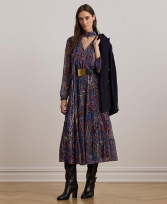 Lauren Ralph Lauren Women's Paisley Chiffon Tiered Tie-Neck Dress