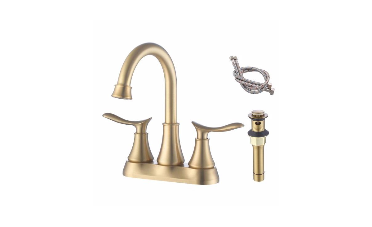 2-Handle 4-Inch Brushed Gold Bathroom Faucet with Pop-Up Drain and Supply Hoses for Vanity Sinks - Gold